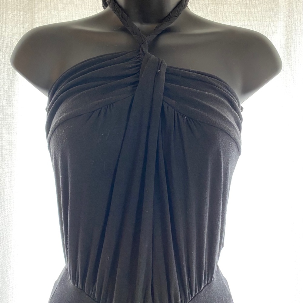 Full piece, wide leg , open back tie around neck .